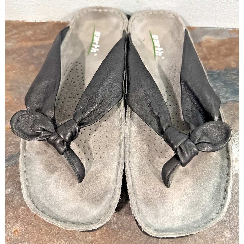 Earth Tranquil Womens 7B Black Leather Bow Thong Kalso Comfort Sandals